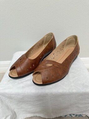 Brown Peep Toe Wedge Flats Cutout Shoes 8.5/9 Wide